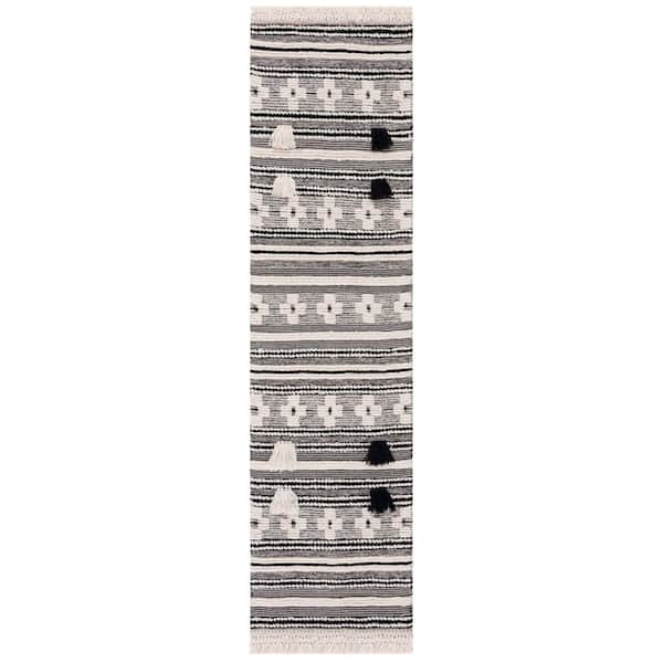 Natura 2 ft. x 8 ft. Black/Ivory Geometric Striped Runner Rug