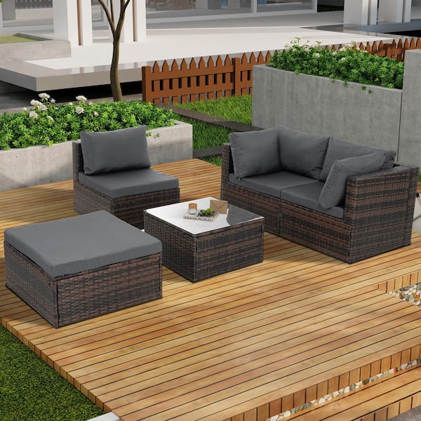 Coporesell 5-Piece Wicker Patio Conversation Set with Dark Grey Cushions
