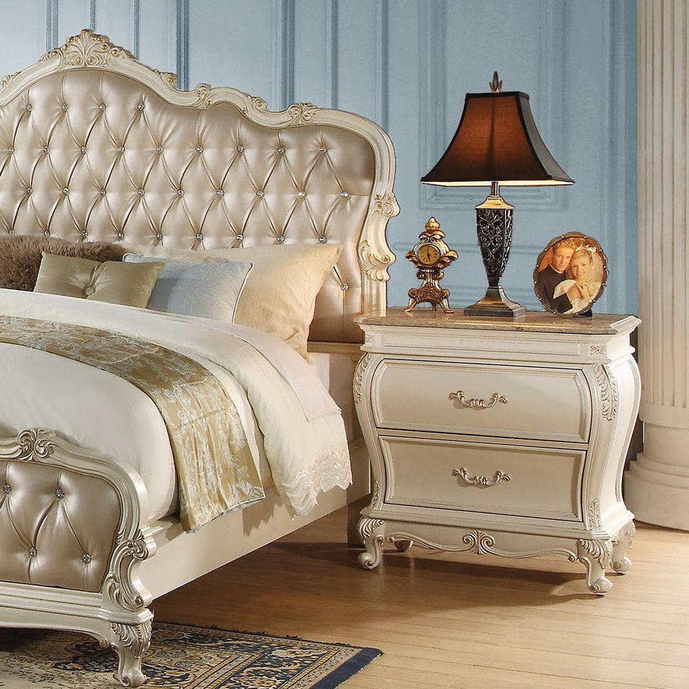 30Lx18Wx31H Storage 2-Drawer Pearl White Nightstand with Queen Anne 