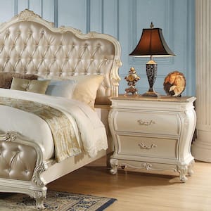 30"Lx18"Wx31"H Storage 2-Drawer Pearl White Nightstand with Queen Anne Leg w/Ornamental Leave Detail
