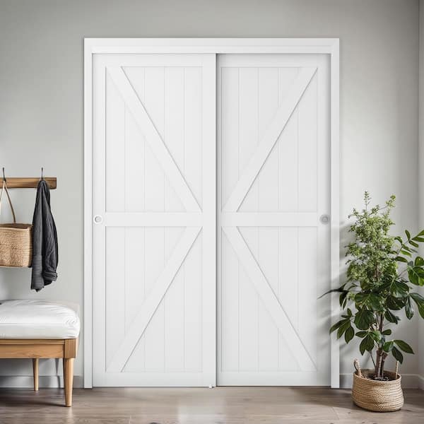 72 in. x 78.58 in. ( Double 37 in. ) K shape White Finish MDF Closet Sliding Door with Hardware Kit