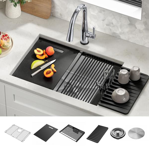Delta Rivet 16 Gauge Stainless Steel 27 in. Single Bowl Undermount Workstation Kitchen Sink with Accessories
