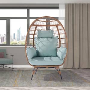 Wicker Outdoor Garden Rattan Patio Swing Chair Hanging Egg Chair with Blue Cushions