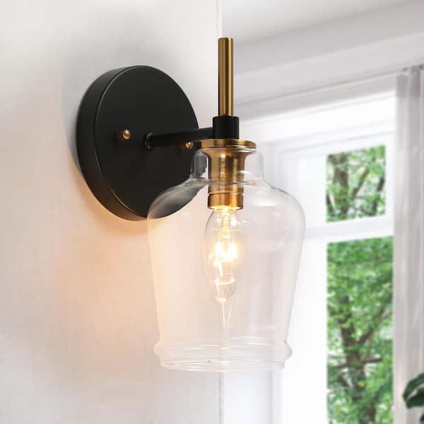 4.5 in. 1-Light Black Bathroom Wall Sconce, Bell Clear Glass Bath Lighting, Modern Farmhouse Brass Gold Vanity Light