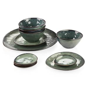 Starry 11-Pieces Green Dinnerware Set Porcelain with 1-Dinner Plate, 2-Dessert Plate, 4-560ml Bowl, 4-Dish (Set for 4)