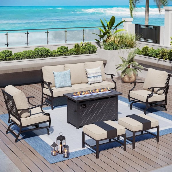 PHI VILLA Black Metal Meshed 7 Seat 6-Piece Steel Outdoor Fire Pit Patio Set with Beige Cushions, Black Rectangular Fire Pit Table