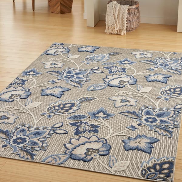 Aloha Blue/Grey 6 ft. x 9 ft. Botanical Contemporary Indoor/Outdoor Area Rug