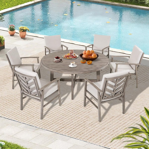 Amario 7-Piece Aluminum Outdoor Dining Set with Cushion, 6 Dining Chairs and Round Dining Table
