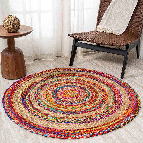 Crocheted round multi colored rag rug. store