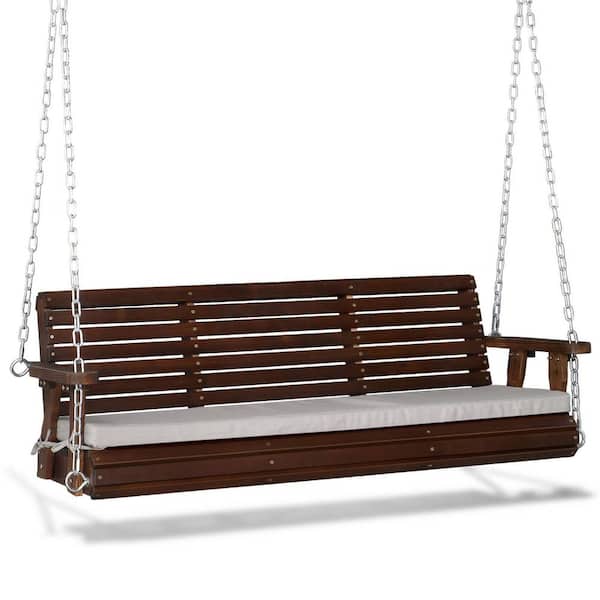VINGLI 5 ft. Rustic 3-Person Wood Outdoor Porch Swing with Grey Cushions Adjustable Chains, Support 880 lbs.