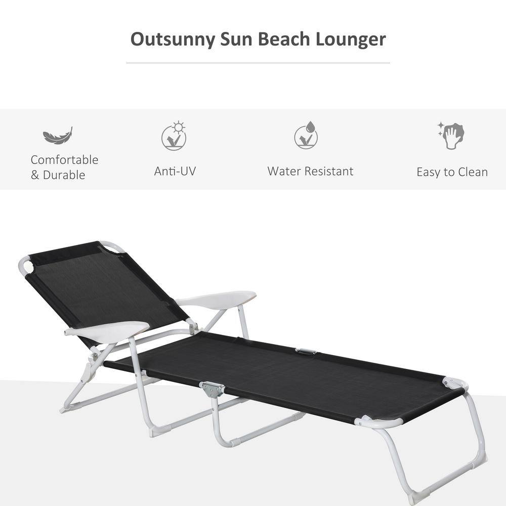 Black Mesh Fabric Folding Outdoor Chaise Lounge with Armrests