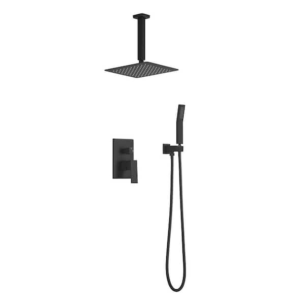 YONKI SUNSHIN INC 2-Spray 12 in. 2.5GPM Ceiling Mounted Dual Shower Head with Handheld Rainfall Shower System Combo Set in Matte Black
