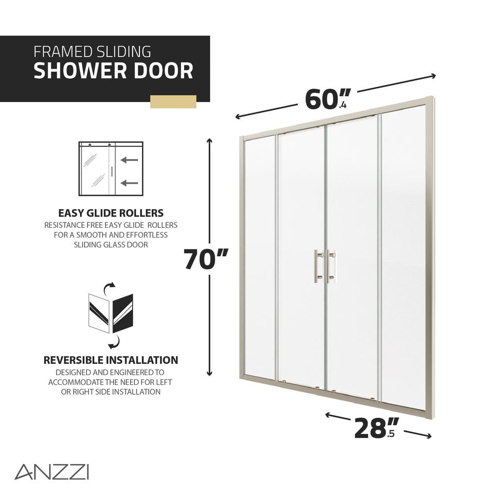 Brushed Nickel Framed Sliding Shower Door with Tempered Glass