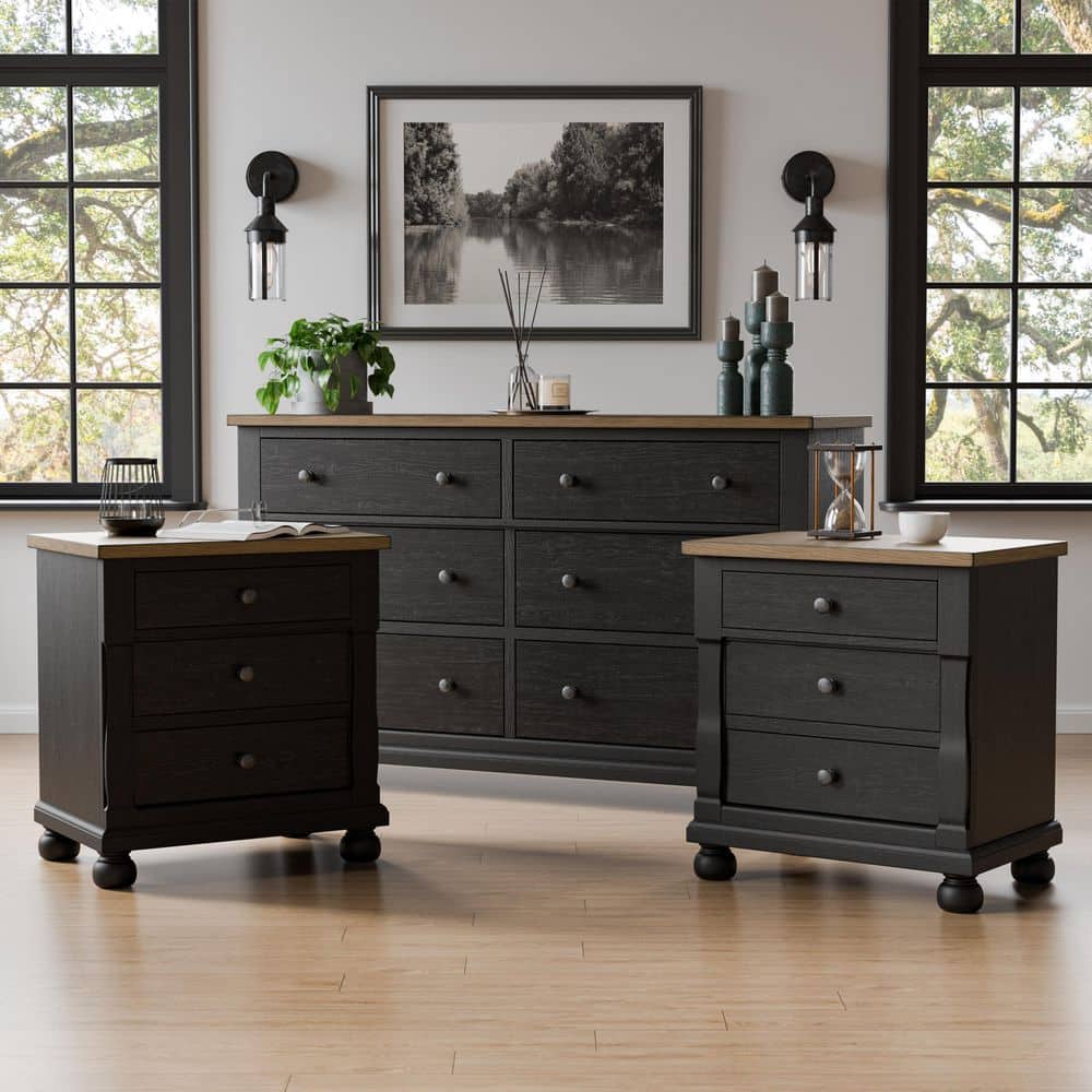 Furniture of America Lucan II 3-Piece Farmhouse Black Dresser and 2 Nightstand Bedroom Set