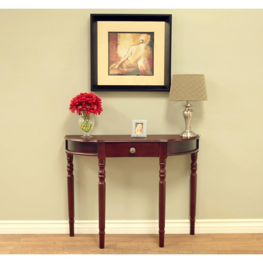 Dark Cherry Wood Half-Moon Console Table with Storage Drawer
