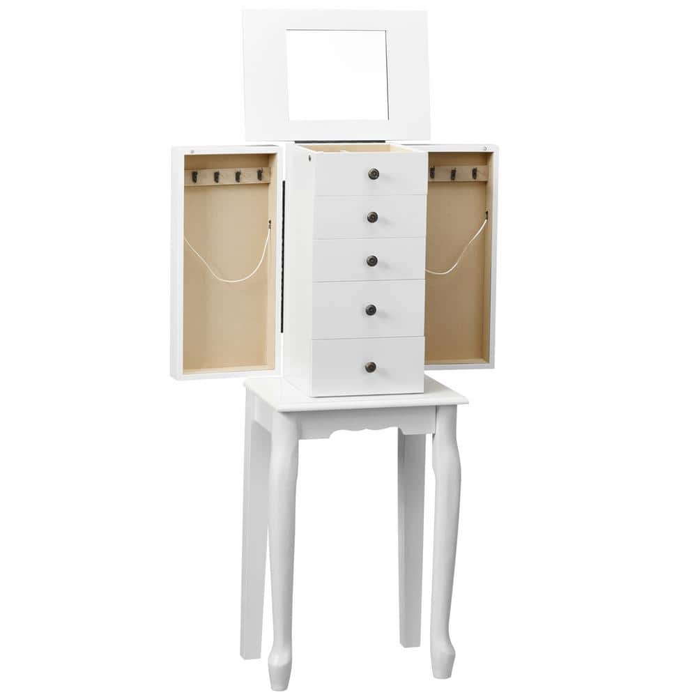 White Wall Mounted Jewelry Armoire with Mirror and Drawers