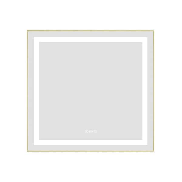 28 in. W x 30 in. H Rectangular Aluminum Framed LED Wall Bathroom Vanity Mirror with Front and Backlight in Brushed Gold
