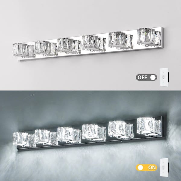 41 in. W 6-Lights Modern Vanity Light Crystal Wall Sconce with Chrome Finish and Built-In LED Lighting