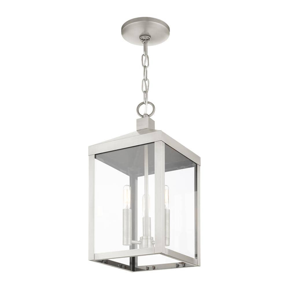 Brushed Nickel 3-Light Outdoor Pendant Lantern with Clear Glass