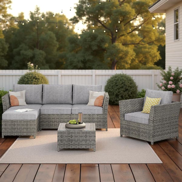 XIZZI Bella Gray 6-Piece Wicker Outdoor Sectional Set with Dark Gray Cushions