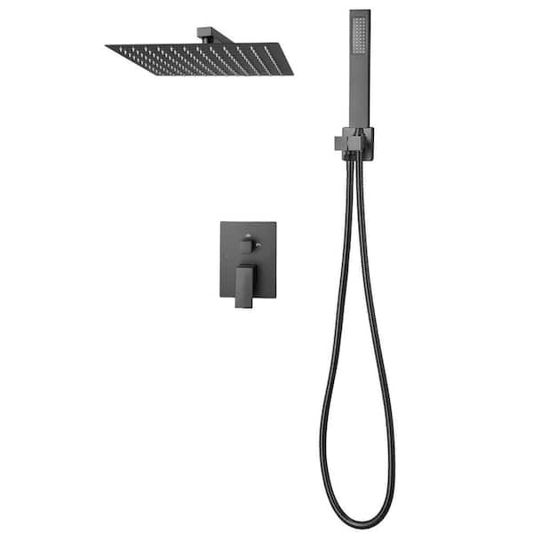 Shower Faucet Set, 12 in. Rainfall Shower Head and Handheld Spray, Wall-Mount Matte Black with Brass Valve and Trim Kit