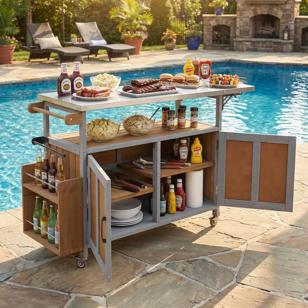 Espresso Outdoor Grill Cart Kitchen Island with Foldable Stainless Steel Surface and Towel Rack price history on PriceWatchPro