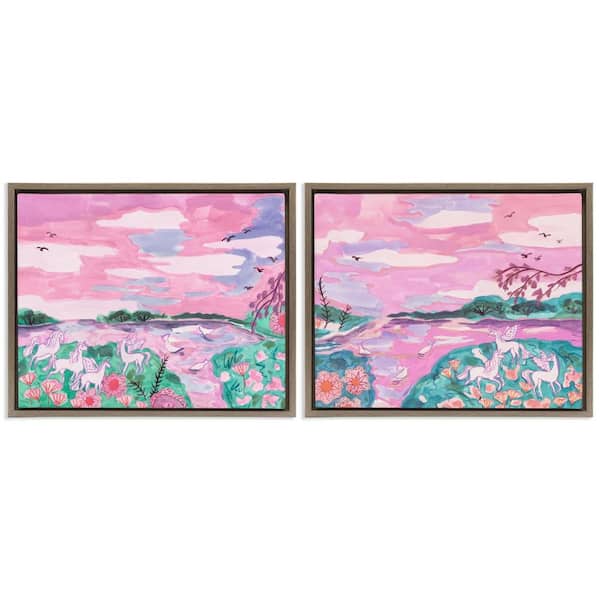 Stupell Industries Unicorn Nature Whimsy by Melissa Wang 2-Pieces Brown Floater Frame Fantasy Graphic Art Print 17 in. x 21 in.