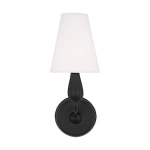 Ziba 5.5 in. W x 15 in. H 1-Light Aged Iron Wall Sconce Transitional Dimmable Small with White Linen Fabric Shade