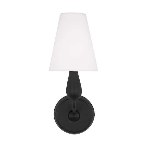 Generation Lighting Ziba 5.5 in. W x 15 in. H 1-Light Aged Iron Wall Sconce Transitional Dimmable Small with White Linen Fabric Shade