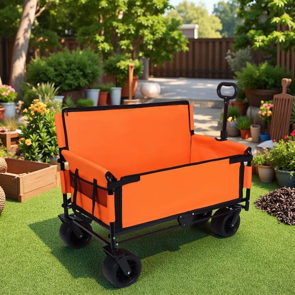 6.4 cu. ft. Fabric Orange Folding Garden Cart, Wagon Cart Convertible to a Bench
