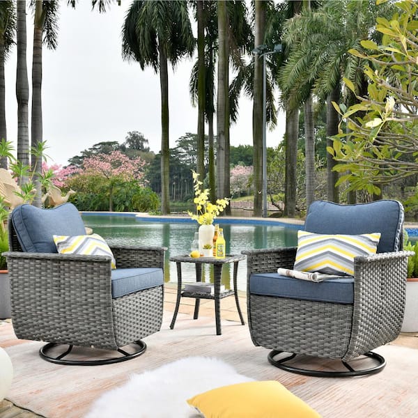 OVIOS Fortune Dark Gray 3-Piece Wicker Outdoor Patio Conversation Set with Denim Blue Cushions and Swivel Chairs