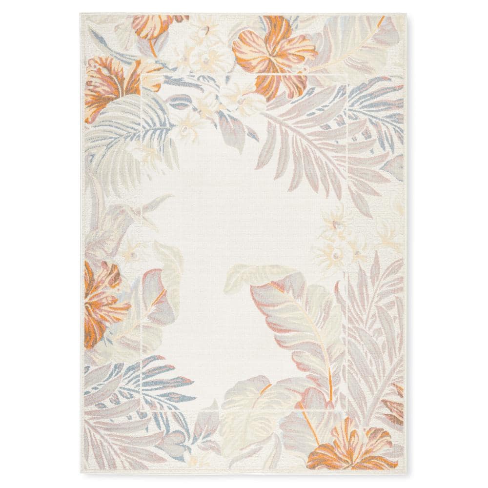 Ivory Blue Coral Tropical Border Rectangular Synthetic Rug