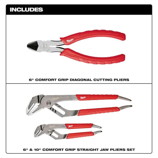 6" Comfort Grip Diagonal Cutting Pliers and 6" & 10" Comfort Grip Straight Jaw Pliers Set