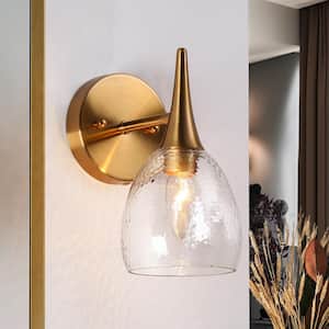Brass 1-Light Wall Sconce Modern Dome Hammered Glass Shade Powder Room Bathroom Vintage Vanity Light