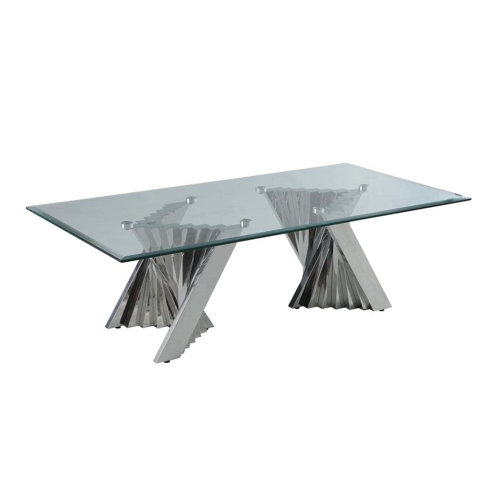 Geometric Clear Glass Coffee Table Set with Silver Stainless Steel Base