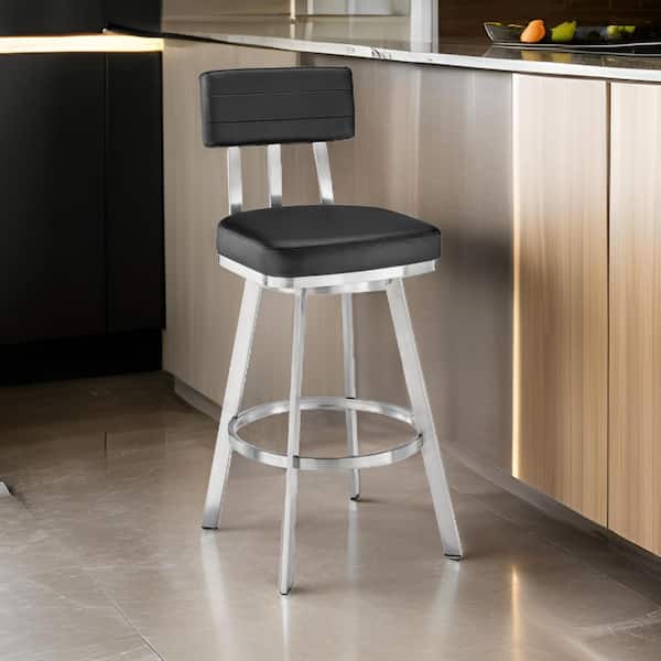 Benjara 30 in. Black and Chrome Low Back Metal Frame Bar Stool with Faux Leather Seat