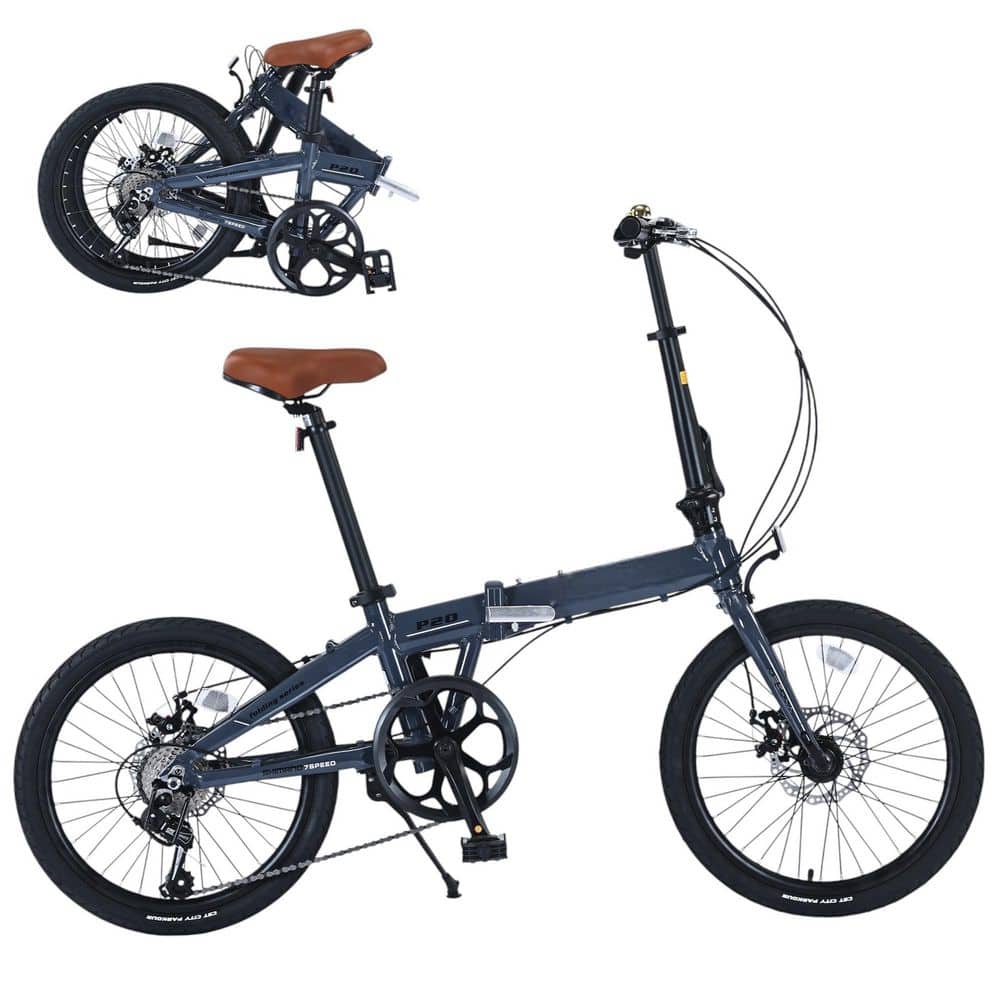 20 in. Blue Lightweight Folding City Bike, 7-Speed Aluminum Frame, Disc Bra