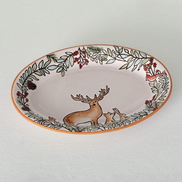 SULLIVANS 13.75 in. White Ceramic Embossed Woodland Christmas Platter