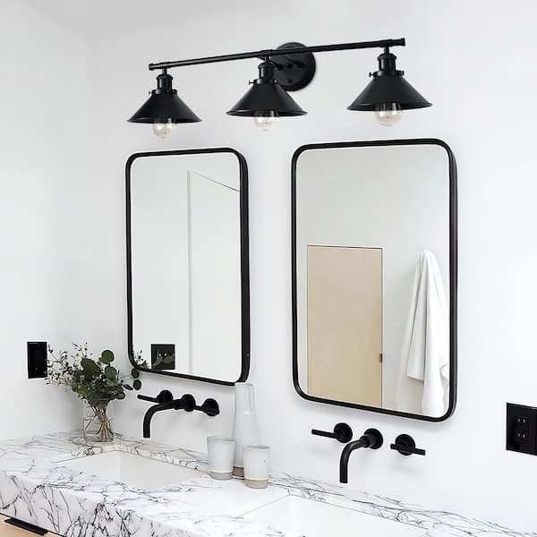 GoYeel 31.89 in. 3-Light Industrial Matte Black Bathroom Vanity Light with Metal Shades
