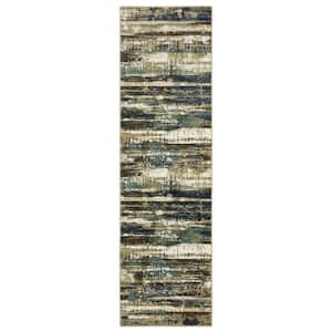 Ross Beige/Blue 2 ft. x 8 ft. Stripe Abstract Polypropylene/Polyester Fringed Indoor Runner Area Rug