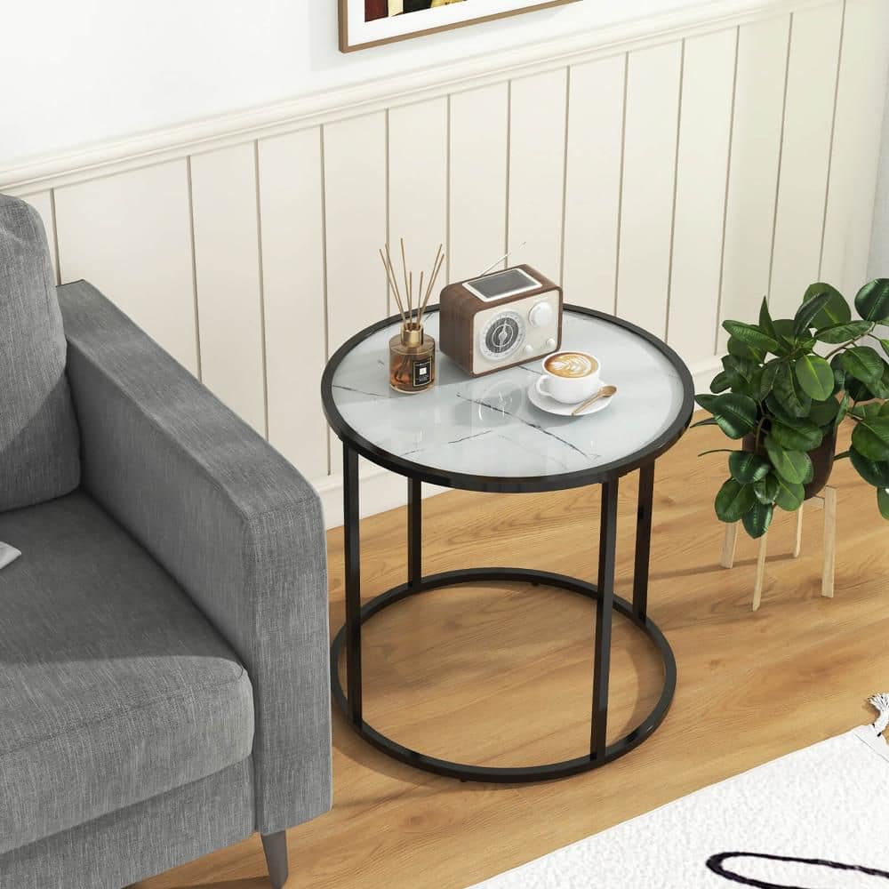 Gymax Glass End Table 20'' Round Side Table w/ Metal Frame & Faux
