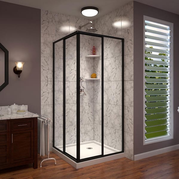 Cornerview 40 in. W x 72 in. H Framed Sliding Shower Door in Matte Black with 42 in. x 42 in. Base in White
