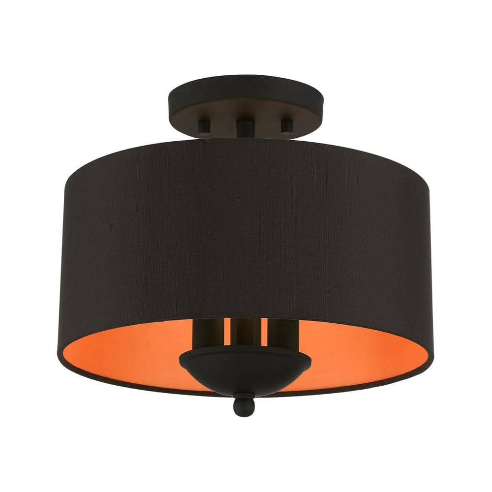 Bradley 12" Black Glass Drum Semi-Flush Mount with Silky Inner Shade