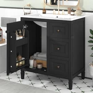 30 in. W Freestanding Bath Vanity in Black with White Ceramic Basin, Three Drawers Top, and Two Door Shelves