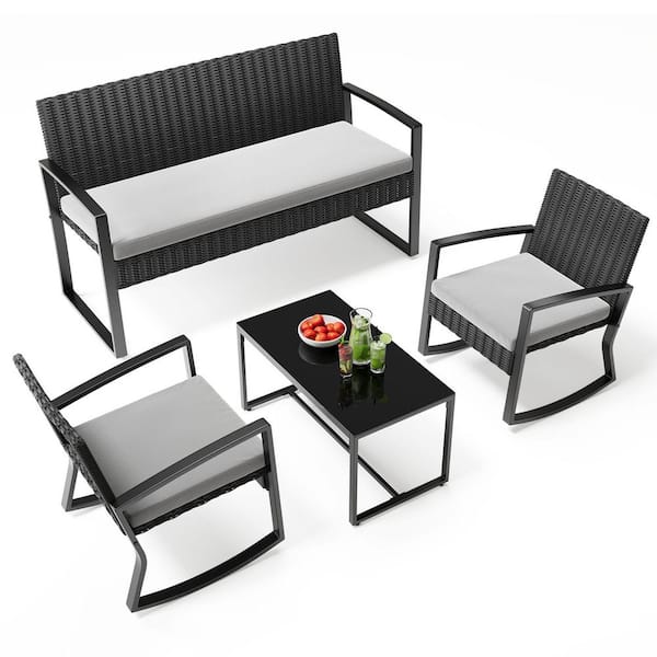 4 Piece Outdoor Patio Furniture Set with Glass Coffee Table, Rocking Wicker Bistro Set, for Backyard, Poolside, Gray