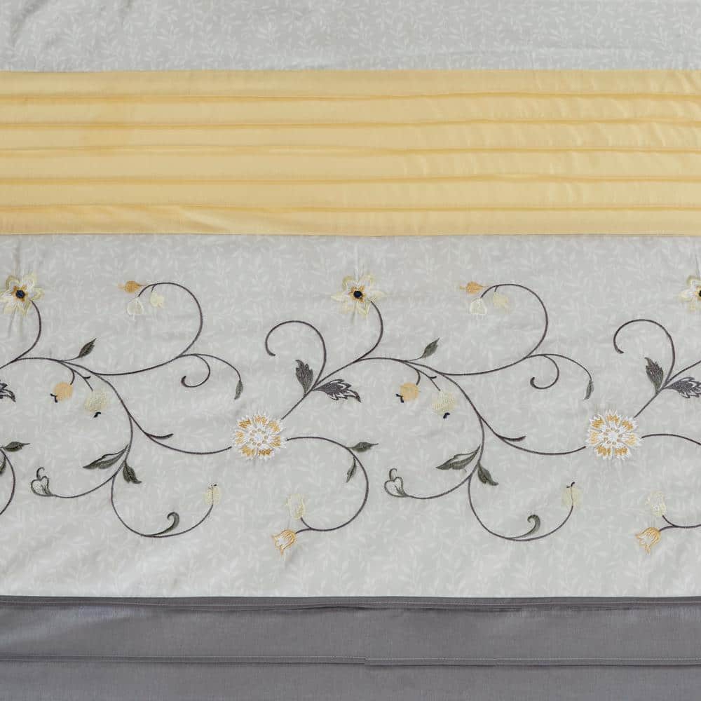 Embroidered Floral Faux Silk Shower Curtain in Yellow and Gray