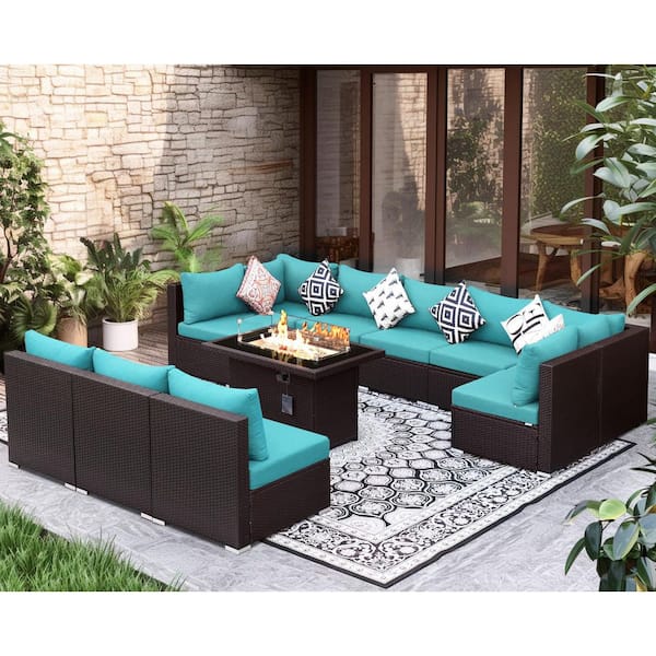 FINCATI 11-Piece Patio Espresso Wicker Deep Seating Conversation Sofa Set with Turquoise Cushion and 55,000 BTU Fire Pit Table