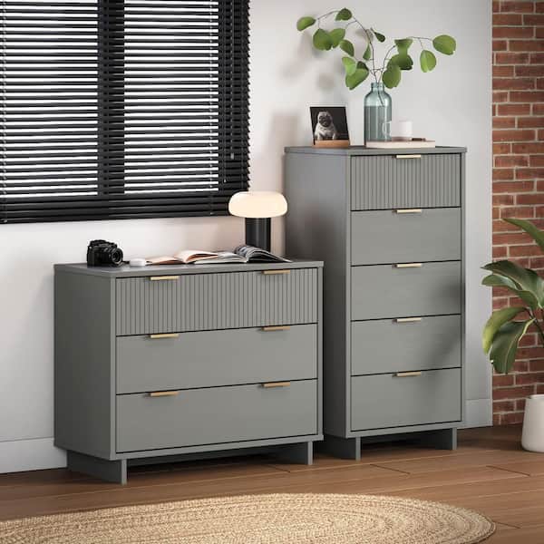 Manhattan Comfort Granville Light Grey 5-Drawer 23.62 in. W Tall Dresser and 3-Drawer 37.8 in. W Standard Dresser (Set of 2)
