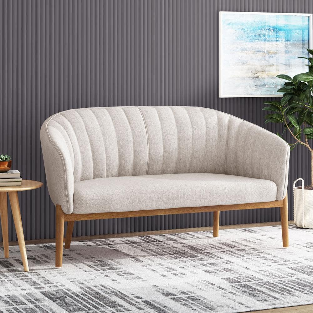 Mid-Century Beige Fabric Loveseat with Channel Stitching and Wood Frame