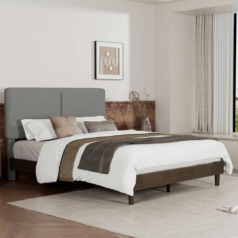 Upholstered Bed Frame with Linen Fabric Headboard, Strong Wood Slats Supports Platform Bed, Queen Size Bed, Beige - thumbnail 5